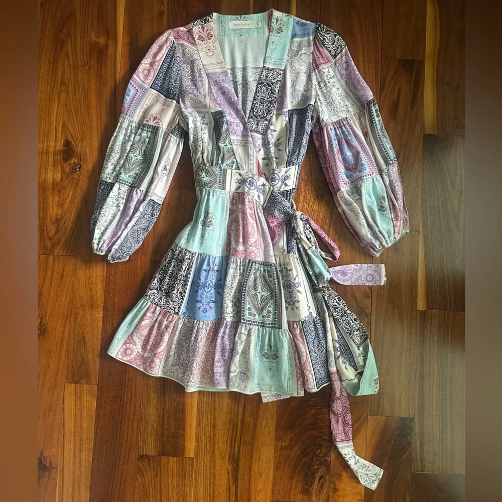 Zimmermann Wrap Mini Dress in Multi Zodiac Cards Print; Size 0 - Picture 11 of 16